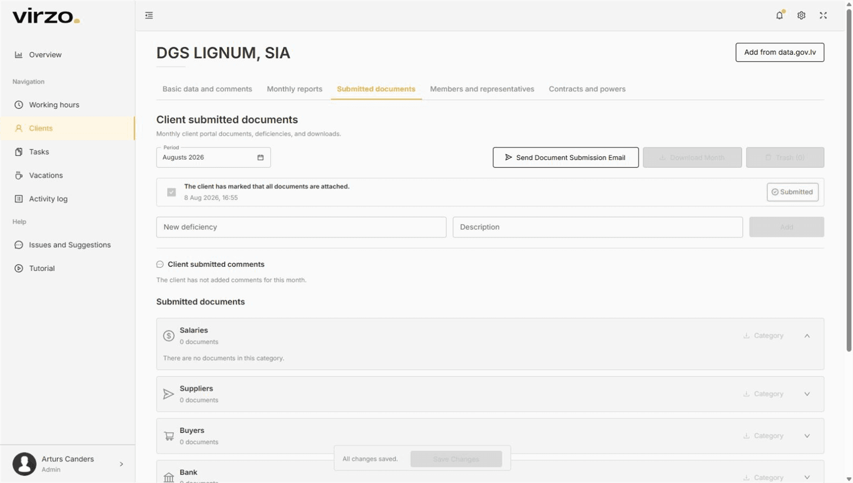 Client documents — VIRZO system screenshot