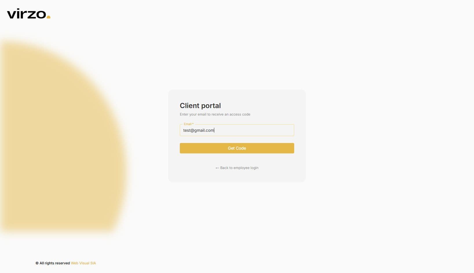 Secure access to the client portal — VIRZO system screenshot
