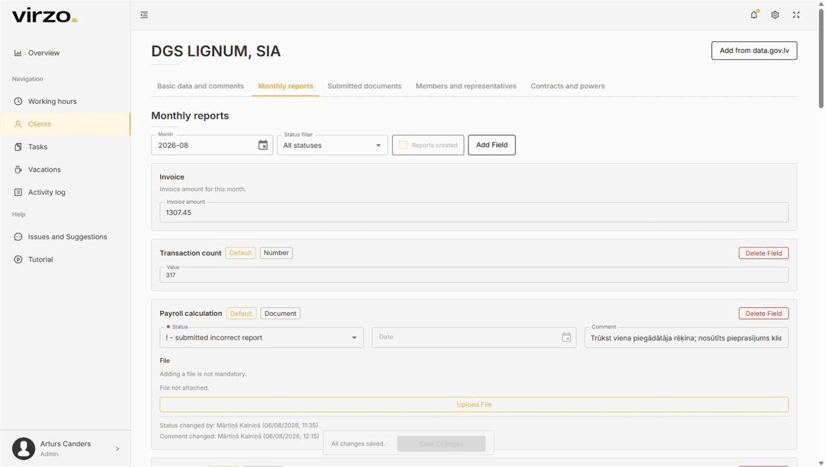 Client workspace — VIRZO system screenshot
