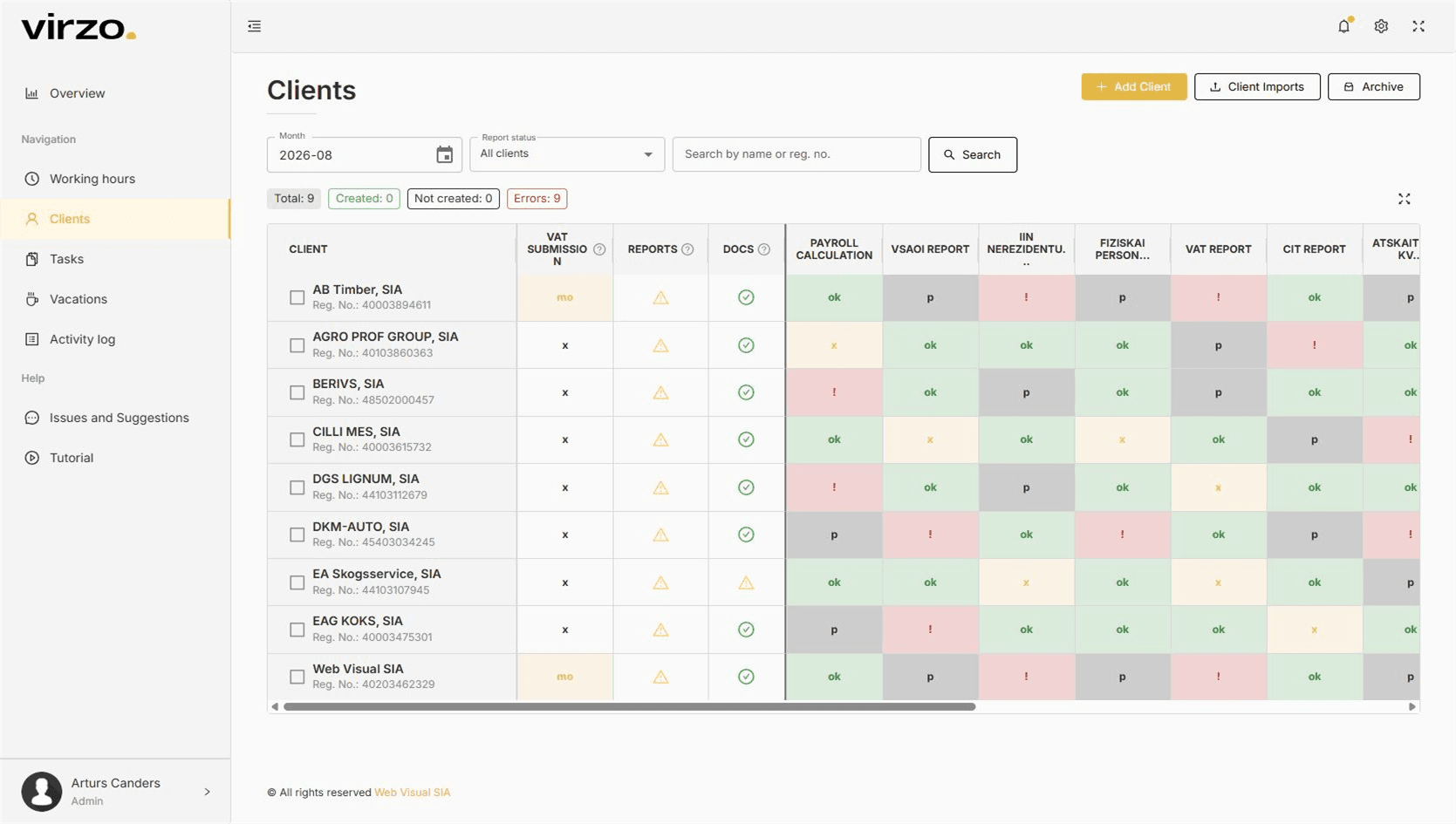 Client list — VIRZO system screenshot