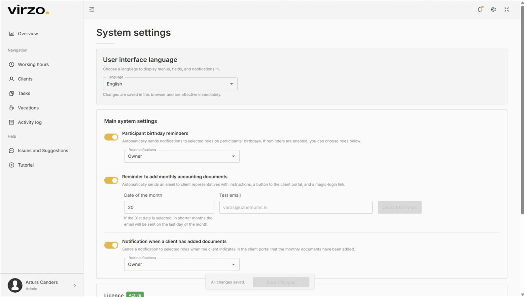System settings — VIRZO system screenshot