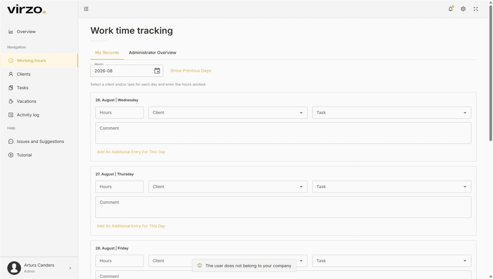 Time tracking — VIRZO system screenshot