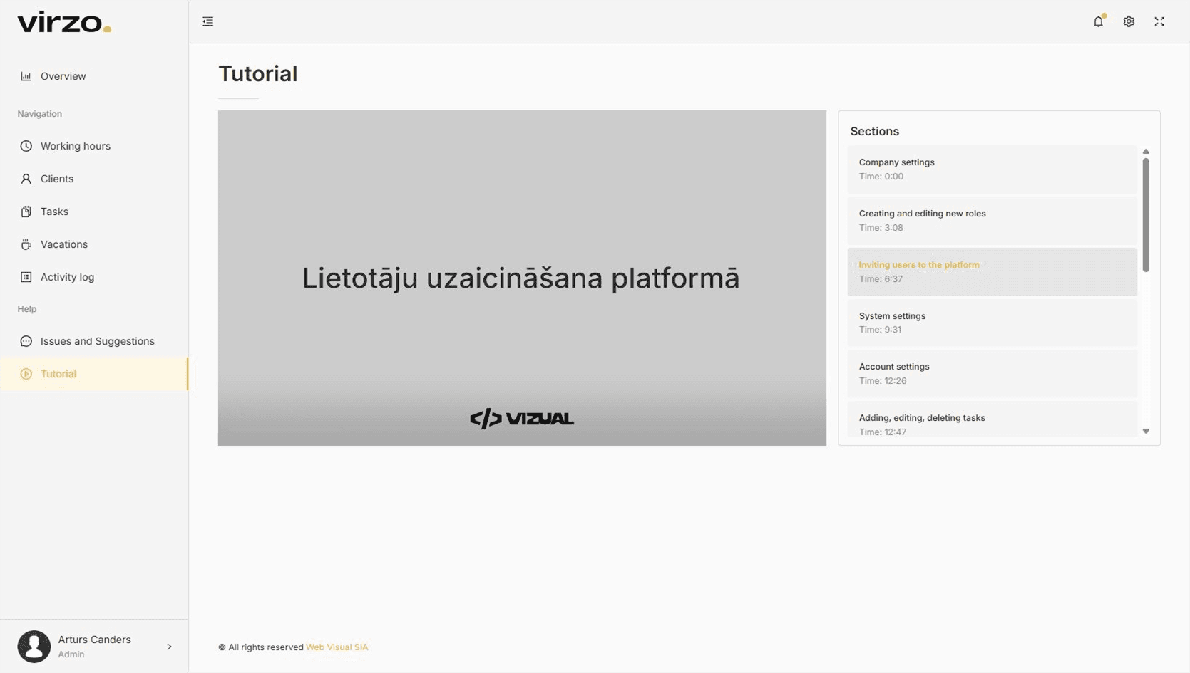 Team tutorials — VIRZO system screenshot